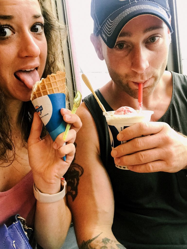 Jen Lyman and Tony Lyman eating ice cream in Japan