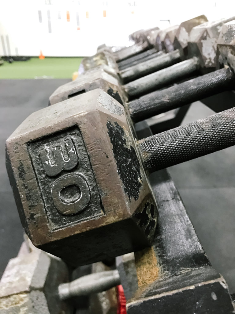 Thirty pound dumbbell on a rack inside of Donovan's Strength and Conditioning